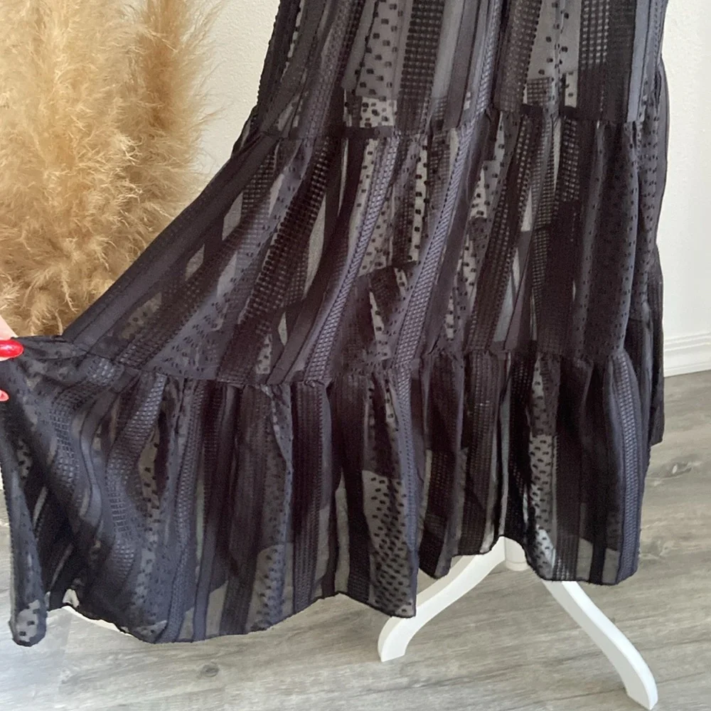 J Crew black sheer midi dress sleeveless Swiss dot ruffle tier party medium